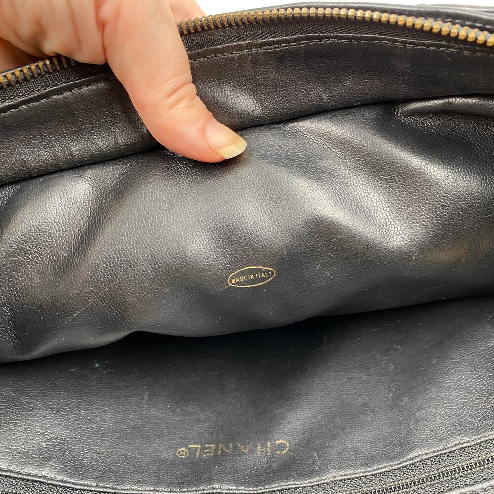 Chanel Vintage Quilted Tote Bag Black Leather Shoulder Shopper chain 24kt - Picture 13 of 15